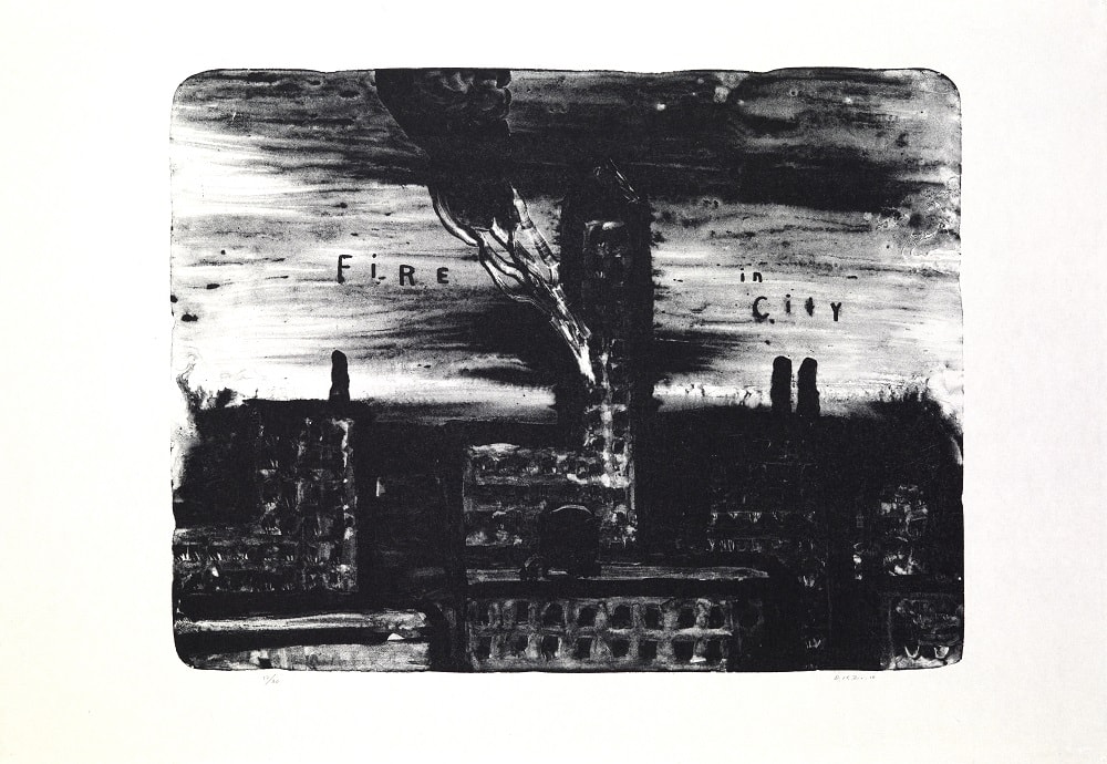 Lithographie encre noire, paysage urbain avec les mots Fire In City