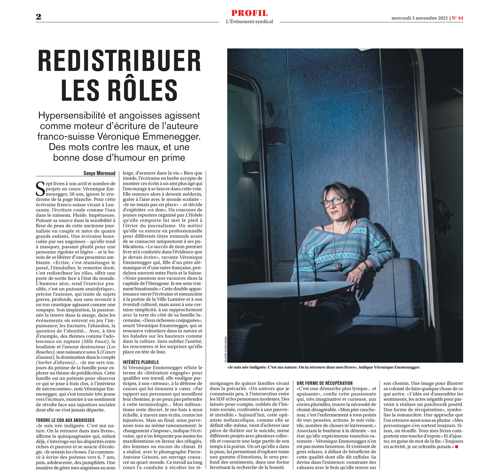 Véronique Emmenegger dans le journal l'Evénement syndical
